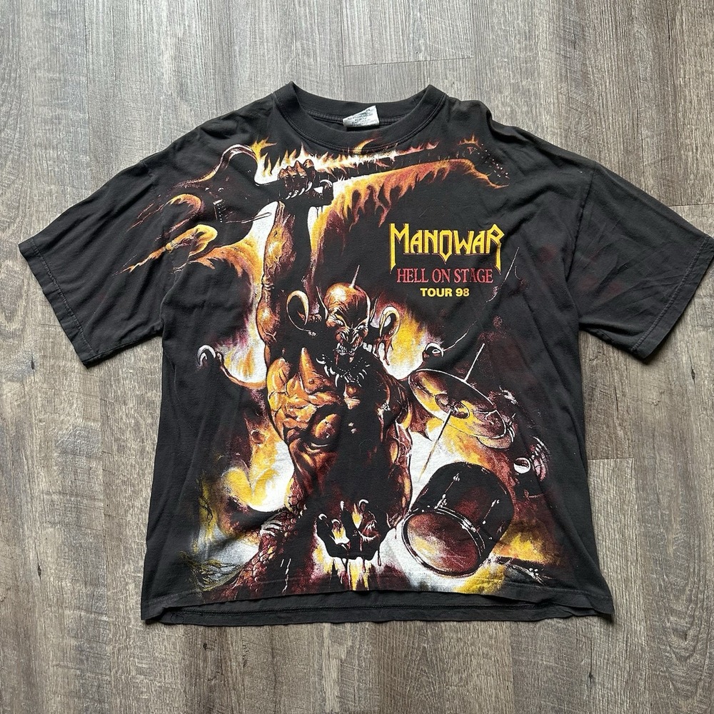 90s Manowar Hell On Stage 1998 AOP Vintage Rare Redwood T-Shirt Black Size XL